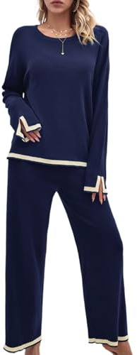 OLIPHEE 2 Teiler Damen Elegant Stricktop und Strickhose Sommer Set Damen Outfit Bequeme Loungewear Damen Set Damen Business Casual Set Freizeit Trainingsanzug Langarm Strickpullover Navyblau S