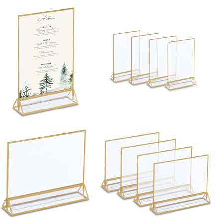 Relaxdays Tischaufsteller, 10er Set, A5, Hoch-& Querformat, Speisekarte, Hochzeit, Acrylaufsteller, transparent/Gold