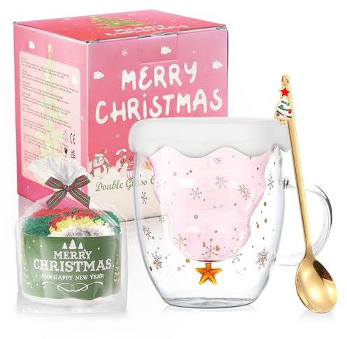 Albero di Natale Tazza di Caffè in Vetro Doppia Parete - Isolata Con Cucchiaio - Calza Perfetta per Latte, Cappuccino - Regalo di Compleanno per Donne, Amici