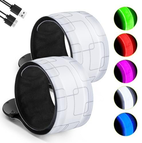 Fitense Rechargeable LED Armband 2-Pack, High Visibility Running Gear for Night Safety, 5 Colors & 3 Modes Light Up Wristbands for Night Walking, Cycling, Running Gift for Women Men Kids，White