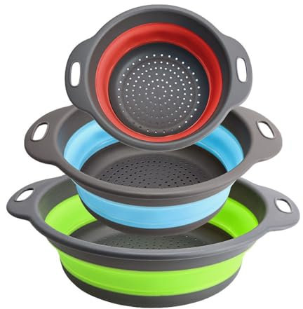 Surwin Faltbar Seiher, 3 Stück Faltbarer Seiher Sieb Set Faltbare Schüssel Faltbare Spülschüssel camping Silikon Klappbar Küchensieb Abwaschschüssel für Nudeln, Obst, Gemüse (3 Farben)