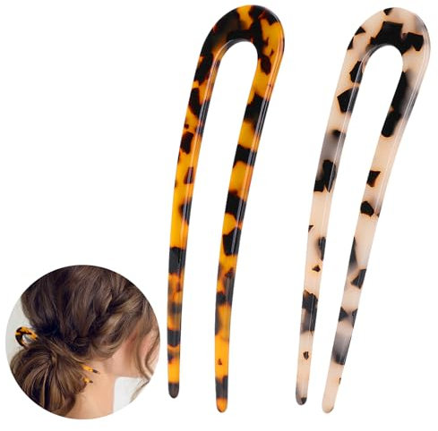 Gjinxi Hair Forks 2 PCS Tortoise Shell U Shape Updo Clips Chignon Pin Acetate Hairpins Classic Print Vintage Bun Chopsticks Retro Chinese Style Braid Headwear