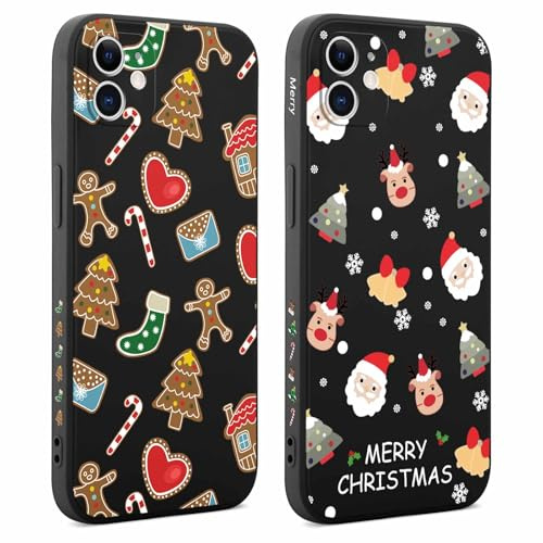Coalbooliy 2 Stück Weihnachten Hülle für iPhone 11 Handyhülle 6,1”, Aesthetic Cartoon Christmas Muster Design Schwarz Silikon Case Slim Weich TPU Stoßfeste Schutzhülle Cover, Hirsch-Weihnachtsbaum