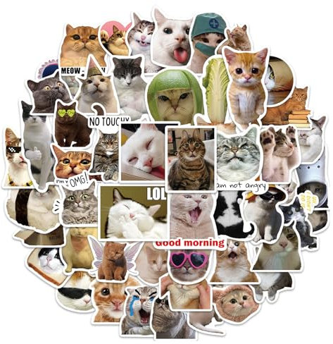 50pcs Cute Cat Stickers, Funny Meme Cats Decals Sticker Pack for Cat Lovers, Waterproof Vinyl Aesthetic Stickers for Kindle Water Bottles Skateboard Guitar Scrapbook Luggage (Casual)