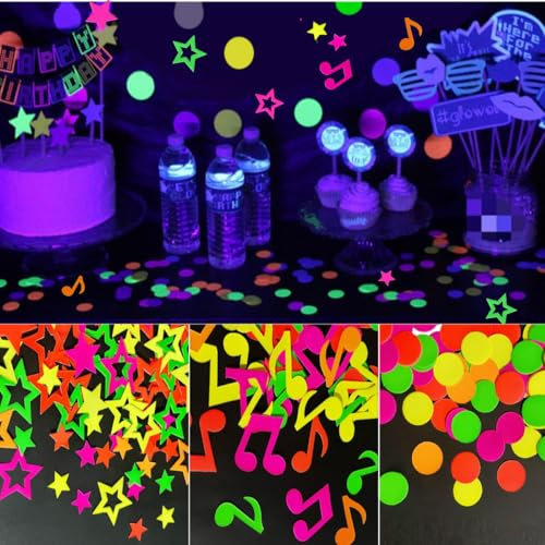 KARLOR 300 Stück Neon Konfetti, 100 Stern + 100 rund+100 Musiknoten, fluoreszierend Party Deko Glow Papier Partyzubehör Schwarzlicht fluoreszierend Konfetti Deko Requisiten Leuchtet unter UV Licht