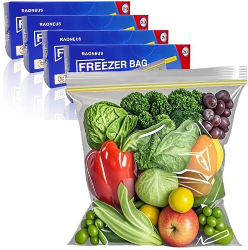 RAONEUS 80Pcs Freezer Bags Gallon Food Storage Bags Reusable with Expandable Bottom Airtight and Leakproof Double Zip Seal BPA Free Reusable for Food Storage Snacks,Fruitt (Large)