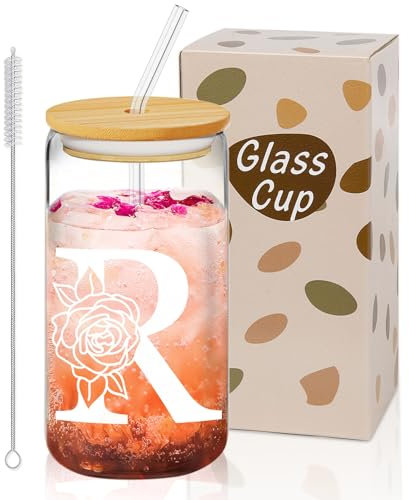 Caossuixin A-Z 26 Initial Glass Cup, 16 oz Glass Cups w/Lids Straws, Gifts for Women, Iced Coffee Tumbler, Personalised Custom Cute Christmas or Birthday Gifts for Mom, Teachers, Friends, Initial R