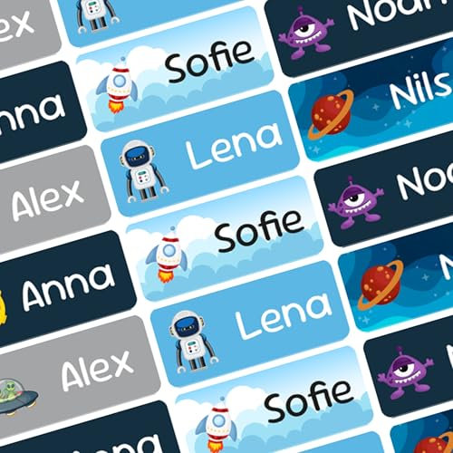 Polymedia Personalisierte Namensaufkleber für Kinder 60 Stück – Weltraum-Design – Wasserfest & Spülmaschinenfest – Perfekt für Schule, Kita & Freizeit – Individuelle Sticker mit Namen