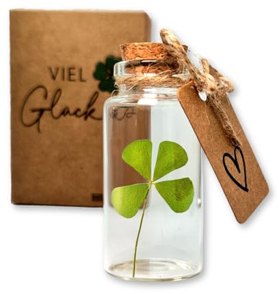 HOLM CRAFT - Glücksbringer | Echtes vierblättriges Kleeblatt in Glasflasche mit Korken | Kleines Geschenk für Glück | Aufmunterung Geschenke | Dankeschön Geschenke | Glücksbringer Silvester