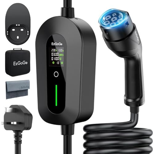 EzGoGo EV Charger Cable Type 2 to 3 Pin Plug 65.62Ft/20M Electric Car Charger 3kW, [6/8/10/13A] Type 2 Charging Cable 3 Pin EV Charger IP65 Advanced Protection Suitable for EVs & PHEVs