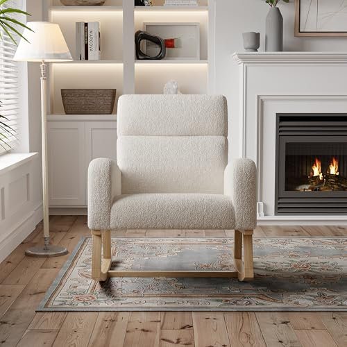 Schaukelstuhl, für Wohnzimmer, Relaxsessel, Schaukelstuhl mit Beinen aus Massivholz, für Wohnzimmer, Balkon (Beige + Lammwolle)