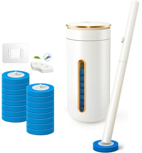 Disposable Toilet Brush with 16 Refill Heads, Toilet Wand & Wall-Mounted Holder Cleaning System – Includes Aromatherapy Tablet, Nail-Free Hooks