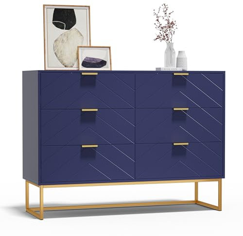 UEV Kommode mit 6 Schubladen Schrank Holz mit Kippsicherung Metallfuß Highboard Sideboard Schmal kommode Beistellschrank für Wohnzimmer Schlafzimmer,Flur 100x34x73,5cm dunkel blau
