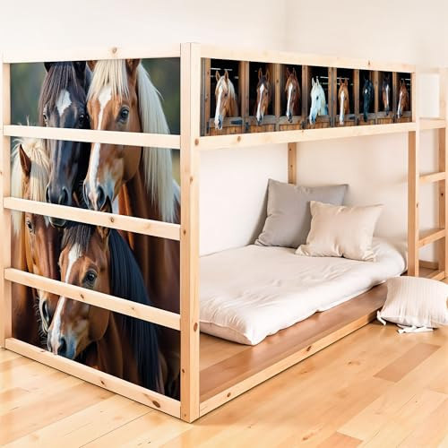 Unik Nordic KURA Hochbett Sticker Pferde – 2 Sticker Set Oben Aufkleber für IKEA KURA Bett – Pferdemotive für Kinderzimmer – Wiederverwendbar & selbstklebend – Spielbett Deko für Mädchen & Jungen