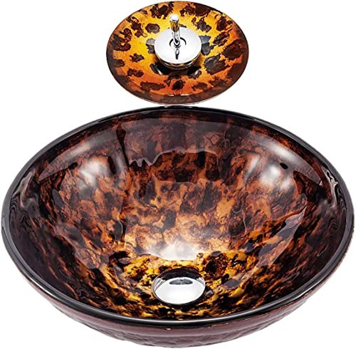 HADECOLL Bathroom Wash Basin Vanity Sink Round Countertop Wasning Sink Bowl,Tempered Glass Bathroom Vanity Sink Bowl On The Top,Hand Painted Flame Art Vessel Bowl Sink With Drai