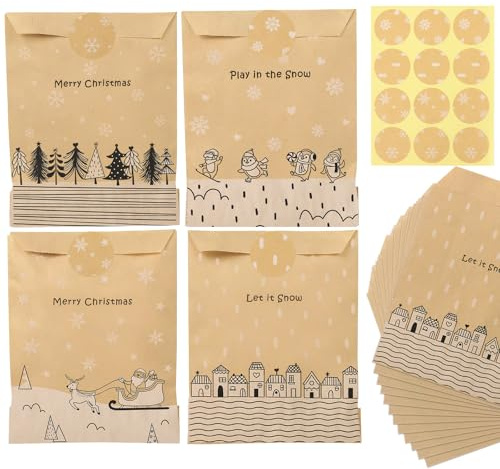 BETESSIN Geschenktüten Weihnachten - 24 Stück Weihnachtstüten Klein 13x18cm - Adventskalender Tüten zum Befüllen mit Geschenkaufkleber - Kraftpapiertüten Weihnachten