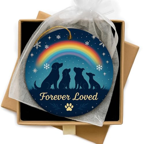 Glad Gua Dog Memorial Christmas Bauble, Forever Loved Rainbow Bridge Keepsake for Pet Loss, Ceramic Tree Decoration Ornament Gift for Dog Lovers, Xmas Plaque with Gift Box