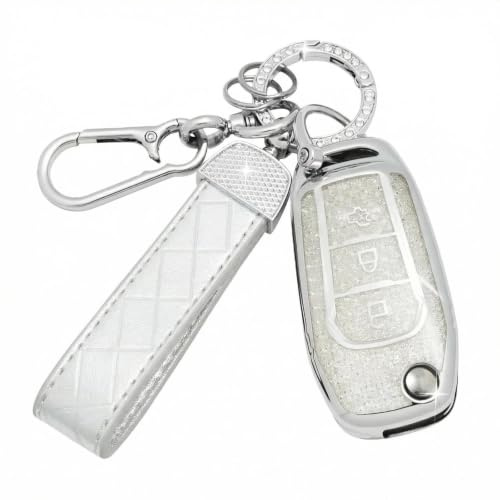 SparkleJoy Coque Clé Voiture TPU avec un Porte-Clés en Cuir,Etui Clé Étui Clé Compatible avec Ford Fiesta Focus Puma Mondeo Ecosport Explorer Kuga Ka Tourneo Connect Ranger F150 - Flip Key (Argent)