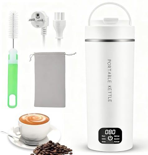 RNPKZ Elektrischer Reisewasserkocher Klein, 450ML Mini Wasserkocher, Kleiner Tragbarer Wasserkocher mit 6 Temperatureinstellung, 304 Edelstahl-Liner,Trockenlaufschutz für Babymilch Kaffee Tee Camping