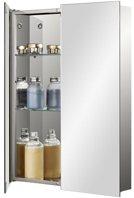 Fundin Stainless Steel Bathroom Mirror Cabinet with Double Doors, Adjustable Tempered Glass Shelves, Surface Mounted, 50cm W x 65cm H, Mirrored Finish