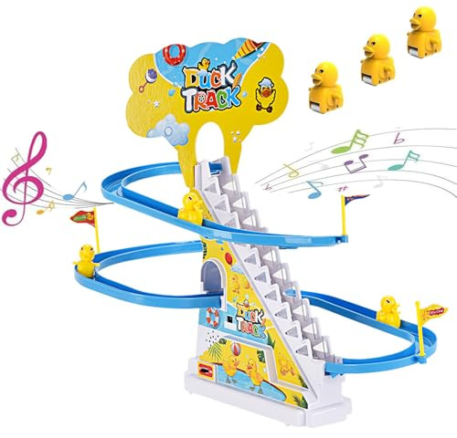 Small Ducks Climbing Toys, Electric Llittle Duck Climbing Stairs Toy, Funny Roller Coaster Track with 3 Ducks LED Lights & Music Button, Small Duck Slide Toys for Children Kids and Baby (C)