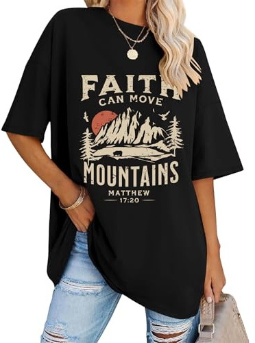 LOMON Sun and Mountain Shirt for Women Oversized Camping Hiking Shirt Graphic Tees Casual Short Sleeve Tops Blouse (Black-Mountain,S)
