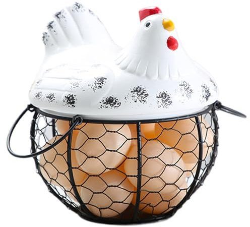 Cesta para huevos para recoger huevos frescos, capacidad para 15, bonita cesta rústica para de gallina con tapa y asa, decorativa, de hierro, multiusos, color blanco, Figürchen