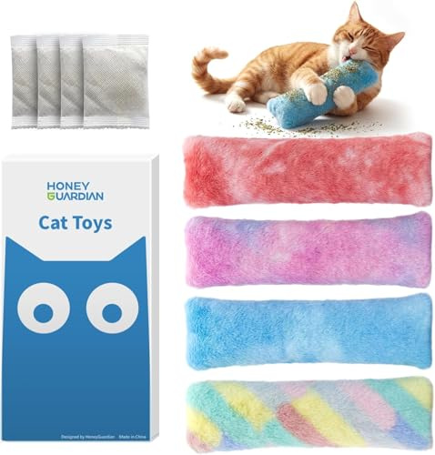 Juguetes Hierba Gatera 4 Piezas, HoneyGuaridan Juguete Interactivos de Peluche Gatos, Juguete Peluche Relajante con 100% Natural Hierba con Sonido Arrugado, Suave y Duradero, Gatos Mastiquen y Jueguen