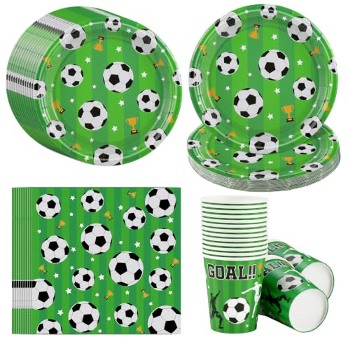 NatNarr 48 Stück Fußball Partygeschirr für 16 Gäste, Fußball Deko Geburtstag Kinder mit 16 fussball Pappteller (18cm), 16 Pappbechern und 16 Servietten für Fussball Party Dekorationen