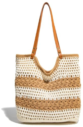 Joyhere Sommer Strandtasche Damen Häkeltasche Strohtasche, Vintage Umhängetasche Stricktasche Mit Ledergriffe Und Reißverschluss, Boho Gestrickte Schultertasche Für Reisen