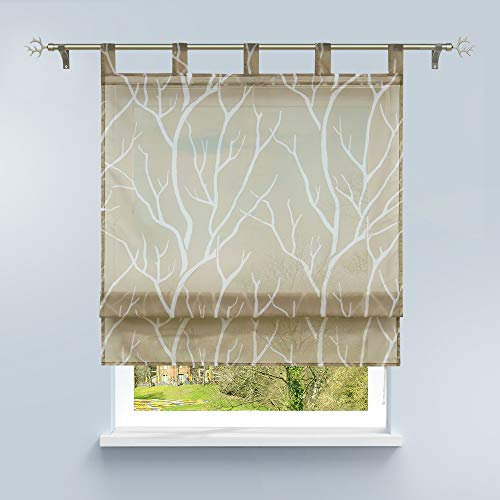 HongYa Raffrollo mit Schlaufen Transparente Raffgardine Voile Schlaufenrollo Küche Kleinfenster Gardine mit Äste Muster H/B 140/140 cm Sand