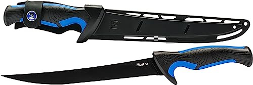 Mustad Filetiermesser, ergonomischer Griff, strukturierter Griff, mit Scheide, Blau