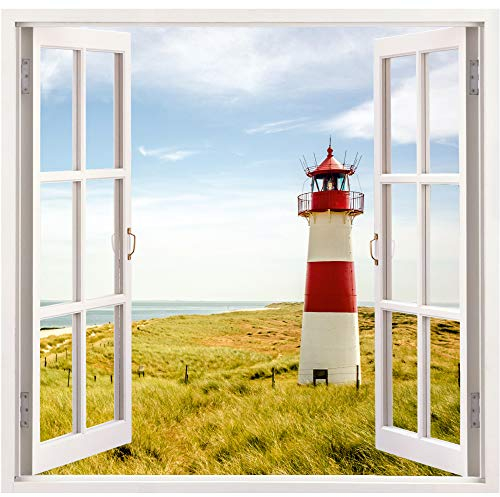 Fenster mit Aussicht - Wandaufkleber selbstklebend - Wanddekoration (60 x 58 cm, Leuchtturm)