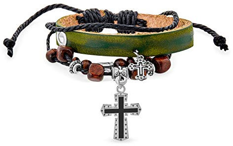 Unisex Boho Spiritual Rope Brown Genuine Leather Multi Wrap Double Layer Wood Beads Dangle Black Medieval Cross Charm Wristband Bolo Bracelet Western Jewelry Women Men Adjustable