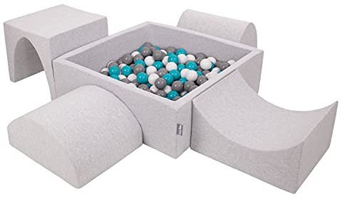 KiddyMoon Parque Infantil De Espuma con Cuadrada Piscina De Bolas (200 Bolas) para Niños, Gris Claro:Gris/Blanco/Turquesa
