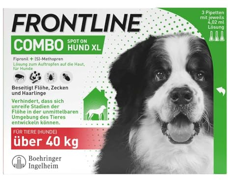 FRONTLINE Combo Hund XL gegen Zecken, Flöhe & Haarlinge (große Hunde über 40 kg) - 3X Pipetten für bis zu 3 Monate Schutz - auch gegen Floheier, Larven & Puppen im Haushalt - wasserfest