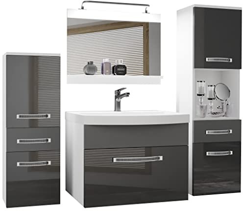 Belini Set completo di mobili da bagno con lavandino, mobiletto per lavabo, specchio per mobili, grigio lucido, opaco