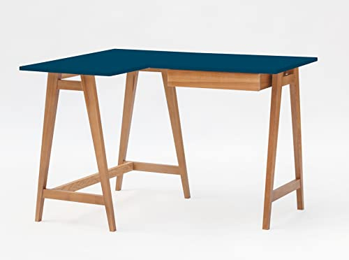 RAGABA Eckschreibtisch Luka Tisch Mit L-Form Winkelschreibtisch Schreibtisch Bürotisch Ecktisch Arbeitstisch Studie Tisch Computertisch - 115 cm + 85 cm - Linke Seite - Massivholz Eiche - Petrol Blue