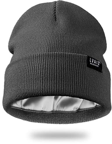 Mit Satin gefütterte Wintermütze für Damen, Unisex, Baumwolle, Strickmütze mit Bündchen und seidigem Futter, Slouchy Skull Cap, grau dunkel, Einheitsgröße