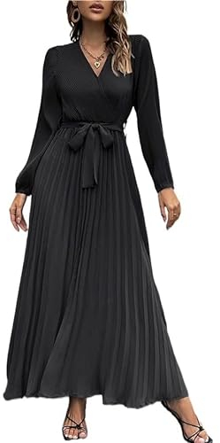 Damen Kleid Langarm Plissee Lange Kleider mit Gürtel Hochzeit Elegant V-Ausschnitt Einfarbig (Color : Black, Size : M)