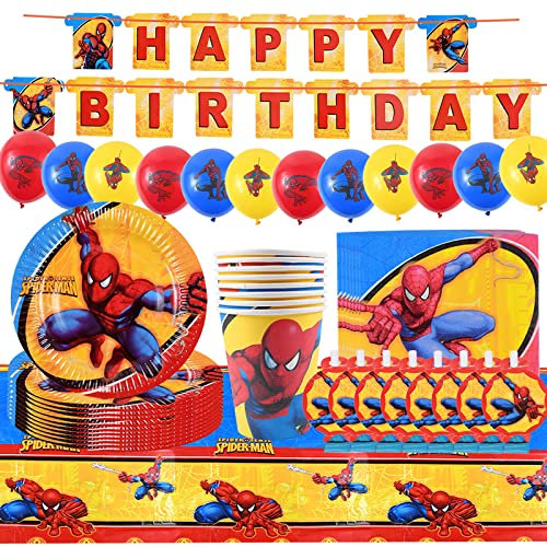 ZeYou 54 Stück Spiderman Geburtstagsdeko, Spiderman Geburtstag Partygeschirr Set einschließlich Spiderman Thema Party Dekoration Ballons, Banner, Teller, Tassen, Servietten, Blowouts und Tischtücher