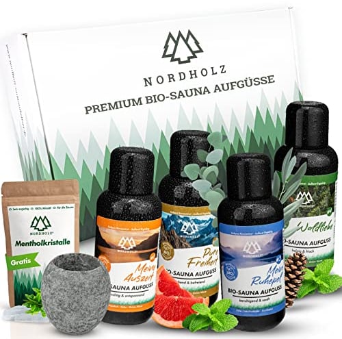 NORDHOLZ® Saunaaufguss Set Bio [4x100ml] + Mentholkristalle Sauna [50Gr] - Sauna Aufgussmittel & Sauna Menholkristalle für intensiven & erholsamen Duft in der Sauna - Sauna Zubehör Set