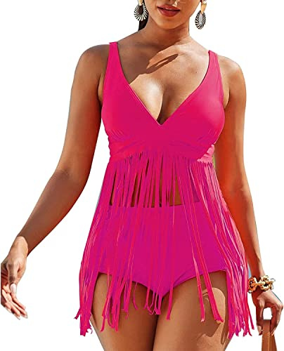 chuangminghangqi Costumi Donna Tankini Curvy Rosa Costume da Bagno a Due Pezzi con Top a V con Imbottitura e Pantaloncini Corti Bikini Donna Mare XXL Push up Vita Alta (Rosa,XXL)