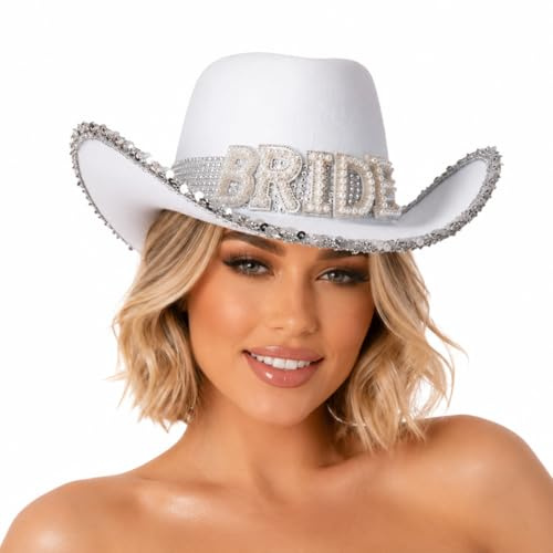 Wicked Costumes Adult White Bride Cowboy Hat – Hen Party Western Hat Silver Sequin Band and BRIDE pearls – Cowgirl Fancy Dress Accessory for Brides, Festivals & Nashville Nights
