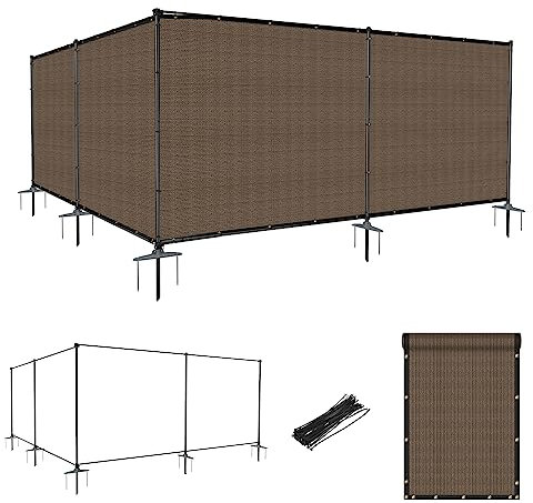 Goleray Freistehender Sichtschutz für den Außenbereich, 1,5 m H x 61 cm, Zaunpaneele mit Eisenstangen, Netzabdeckung, temporärer Zaun für Terrasse, Hinterhof, Garten, Deck, Braun