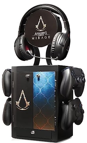 Numskull Official Assassins Creed Gaming Locker & Storage Stand – Holds 10 Games/DVDs, 4 Controllers, Headset, and Accessories – Durable & Compact Organizer – Official Assassins Creed Merchandise