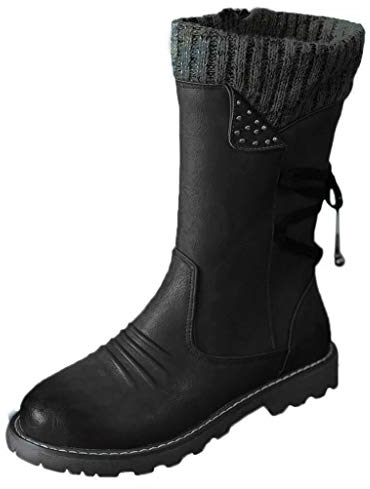 Stivali medi da donna, con calda imbottitura, scarpe invernali, scarpe retrò, stivaletti rotondi da donna, stivali invernali, stivali da neve, stivali da neve, stivali resistenti, Nero , 38.5 EU