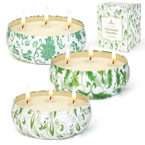 240Std Citronella Kerze Outdoor Groß, 3 x 400ml Citronella Kerzen mit 3 Docht Zitronella Duftkerze Natürliche Sojawachs Kerze für Garten Terrasse Picknicks