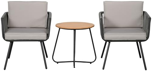 Outsunny Ensemble de Jardin Salon de Jardin en résine tressée 3 pièces Cadre en Acier 2 fauteuils + 1 Table Basse Coussins Inclus Gris