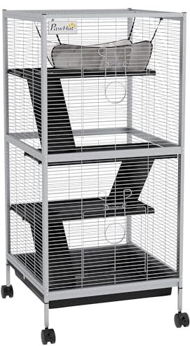 PawHut Small Animal Cage with Wheels Pet Home for Chinchillas Ferrets Kittens, with Hammock, 4 Platforms, Removable Tray, Light Grey